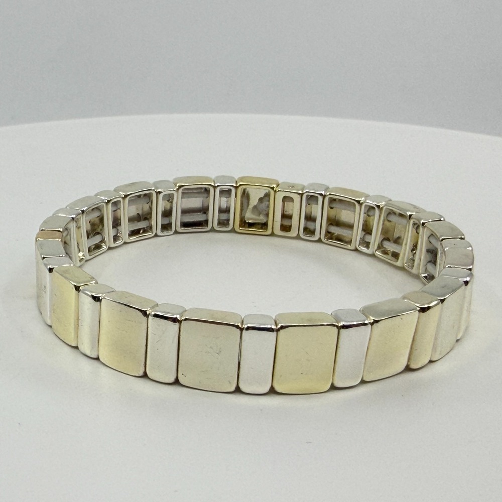 Two-Tone Metal Block Link Stretch Bracelet Gold & Silver Tone Stacking Wristband